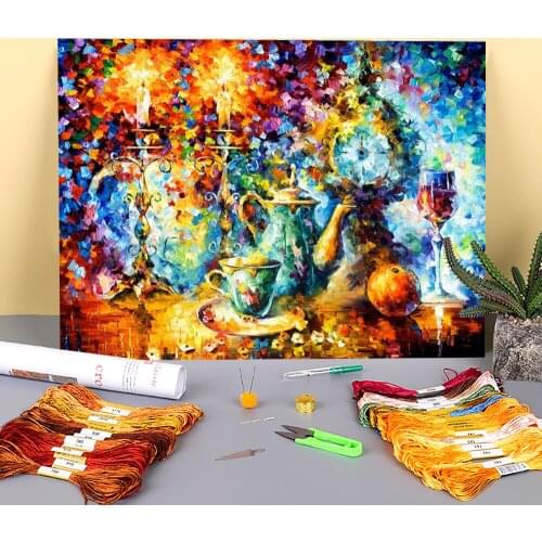 Oil Painting Style Dinner Pre-Printed 11CT Cross Stitch Set DIY Embroidery DMC Threads Knitting Sewing Handiwork Decor