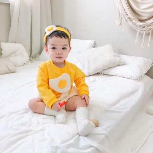 Free Shipping 0-24M Baby Girl Novelty Fried Egg Hairband Costume Romper Set Yellow White Color Long Sleeve One Piece Jumpsuit