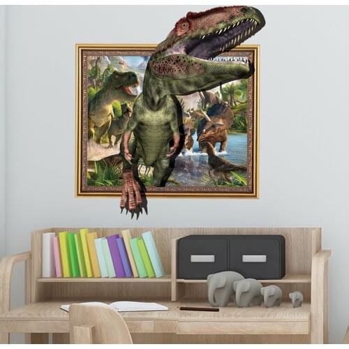 Creative 3D Broken Wall Dinosaur Wall Stickers Teenager Room Decor Kids Bedroom Decoration Fake Photo Frame Art Mural