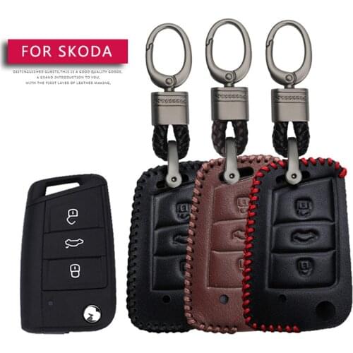 KUKAKEY Car Accessories Key Cover Case For Skoda Octavia 2 3 Kodiaq Karoq Fabia Superb Rapid Hand-woven Smoky Grey Metal Keyring