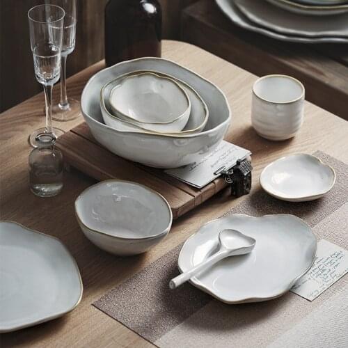 LUOKING Nordic Ceramics Irregular Tableware Dessert Flat Plate Rice Fruit Salad Bowls Deep Dinner Plates and Dishes Sets