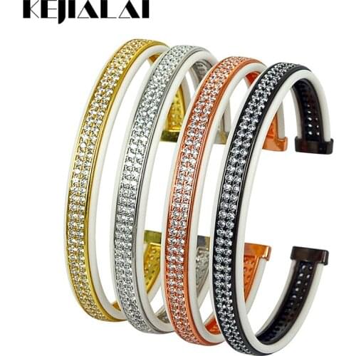 Fashion Open Cuff Bangle for Men White Leather with Two Lines Clear Zircon Luxury Jewelry Bangles Bracelets for Women Best Gift