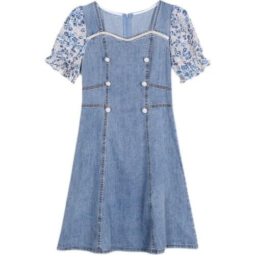 Summer New Jeans Party Dress Elegant Pastel Splicing Chiffon Vestidos Vacation Slim Waist Plus Size Beach Dress Women Clothes