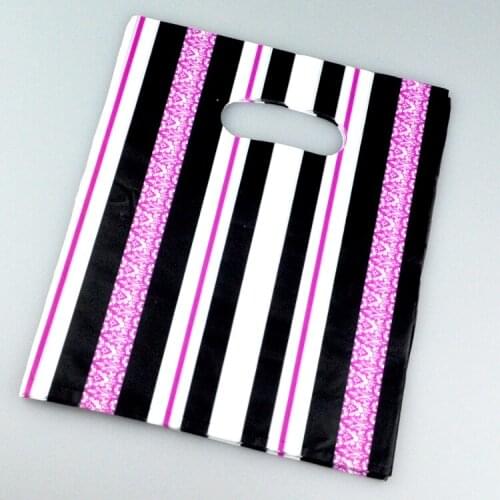 Wholesale 100pcs/lot 20x25cm Hot Pink Black Striped Plastic Gift Bag Boutique Shopping Jewelry Packagng Plastic Bags With Handle