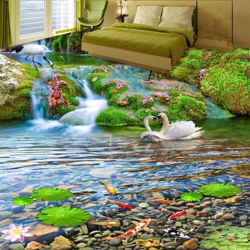 Custom Mural Wallpaper 3D Waterfalls Red-crowned Crane Goldfish Landscape 3D Floor Tiles Painting Sticker PVC Waterproof Fresco