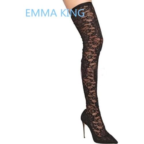 Sexy Fashion Black Lace Womens Summer Over The Knee Boots Pointed Toe Sexy High Heels Ladies Night Club Shoes Woman Long Boots