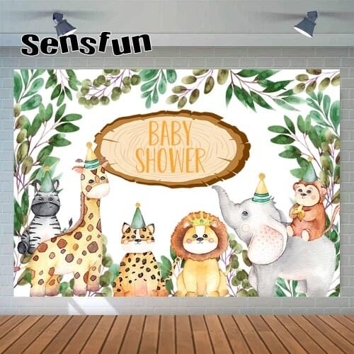 Sensfun Baby Shower Photography Backdrop Cute Animals Lion Elephant Kids 1st Birthday Party Background Customized Photo Studio