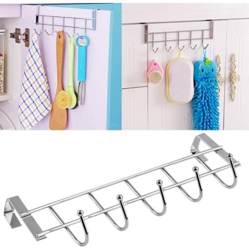 Silver Five-Row Stainless Steel Hook Door-Back Traceless Hook Clothes Hanger Hooks Kitchen Bedroom Door Rack Towel Holder
