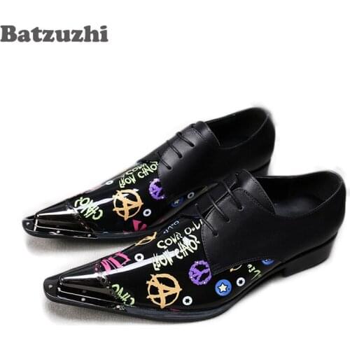Batzuzhi Fashion Men Oxford Shoes Pointed Metal Toe Black Genuine Leather Dress Shoes Men Lace-up Formal Business Shoes, Big 12
