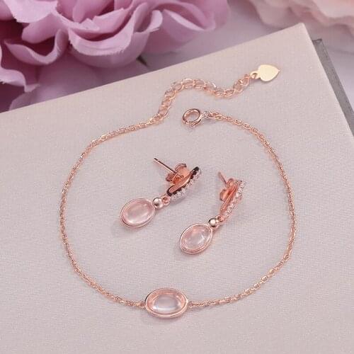 Fine Jewelry Sets For Women 925 Sterling Silver 100% Natural Rose Quartz Gemstone Oval Pink Earrings Bracelet Bijoux CCV021-2