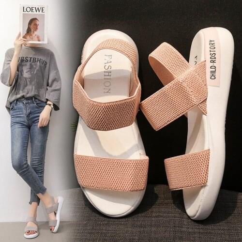 2021 Korean Womens Sandals Summer New Fashion Flat Bottomed Beach Shoes Womens Elastic Band Hollow Out Slippers Female Sandals