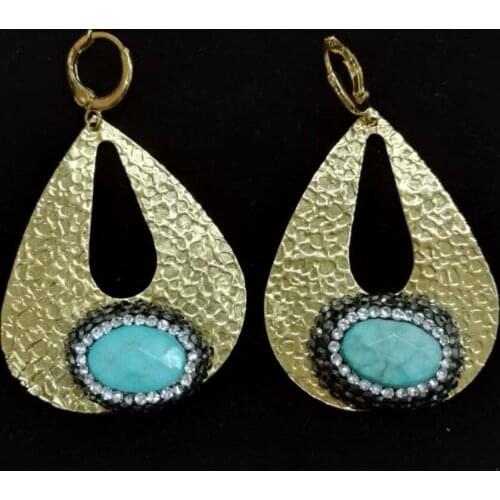 Hollow Waterdrop Hammered Copper Pave Faceted Blue Tuqrquoises Purple Onyx Stone Rhinestone Charms Dangle Earrings For Women