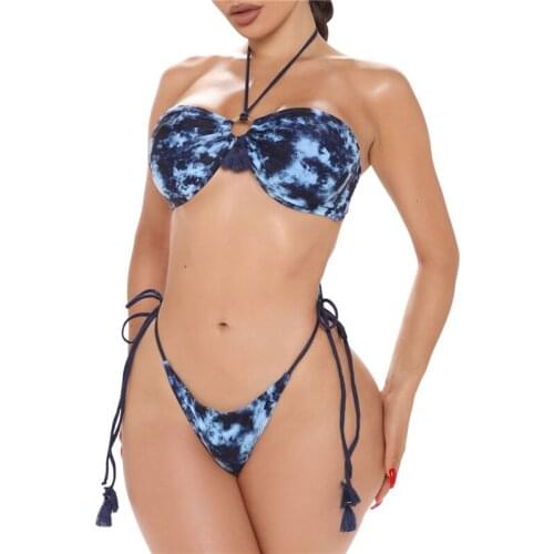 Women’s Tie-dyed 2Pcs Bikini Suit Strapless Ring Buckle Connect Halter Tops with Side Tie Triangle Bottoms 2021 Vestido Praia