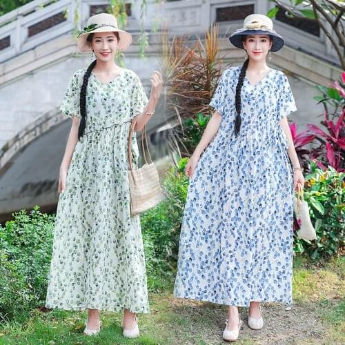 2021 New Arrival Short Sleeve Loose Summer Dress Print Floral Prairie Chic Travel Casual Dress Women Cotton Linen Long Dress