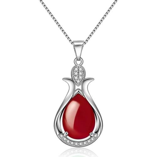 Vintage 925 Silver Jewelry Necklace with Red Zircon Gemstones Water Drop Shaped Pendant for Women Wedding Engagement Wholesale