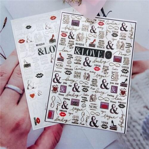 High Quality New Arrive 3d Diy Nail Stickers Black& white English Words Fingernail Decals Nail Art Fashion Women Tip Accessories