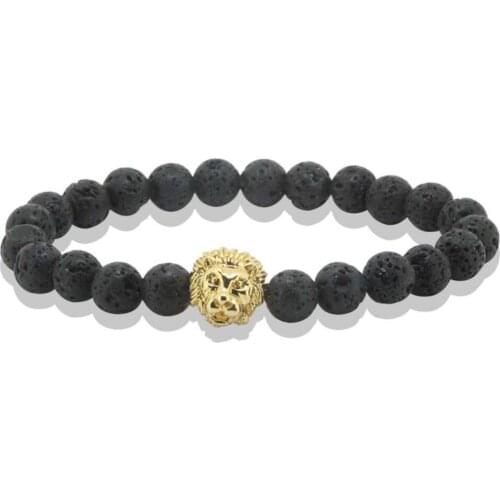 Antique 24K Leo Lion Head Bracelet Men Black Rock Lava Stone Beads Charm Bracelets Jewelry Masculino Plusera
