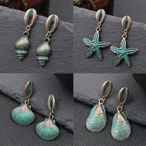 Bohemian Retro Blue Starfish Shell Earrings For Women Ethnic Style Antique Gold Ladies Vintage Drop Earrings Girls Party Jewelry