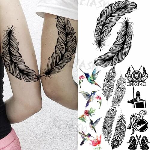 Black Feather Fashion Temporary Tattoos For Women Men Hummingbird Spartan Fake Tattoo Body Art Painting Disposable Tatoo Sticker