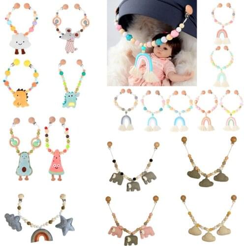 Wooden Baby Pram Clip Toys Baby Gym Hanging Pendants Toys Baby Stroller Rattle Bed Bell Mobile Rattles Silicone Beads Teething