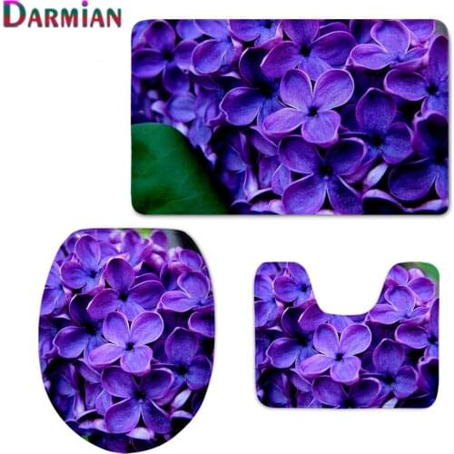 Home Bathroom Decorative 3pcs Rugs Purple Floral Pattern Toilet Seat Cover Comfortable Soft Non Slip Floor Mat Contour Carpet