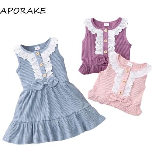 2021 0-6Y Kids Baby Girl Sweet A-line Dress Summer Solid Color Sleeveless Lace Bow O Neck Casual Sundress Outfit