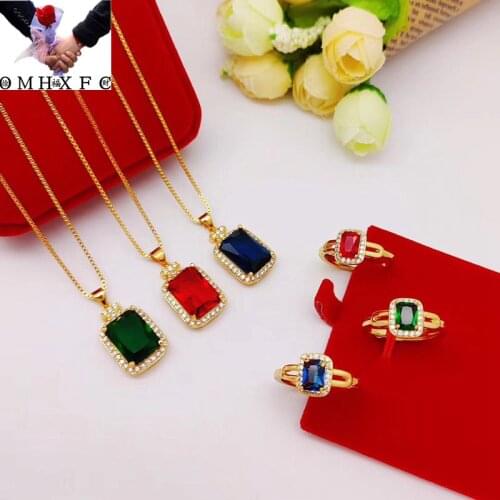 OMHXFC Wholesale YM2062 European Fashion Woman Party Birthday Wedding Gift Rectangle Zircon 24KT Gold Pendant & Ring Jewelry Set