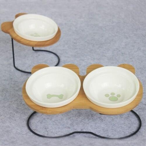New High-end Pet Bowl Bamboo Shelf Ceramic Feeding and Drinking Bowls for Dogs and Cats Pet Feeder Accessories MJ71708