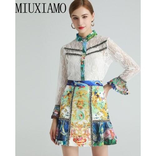 MIUXIMAO 2021 Spring Summer Newest Sexy Collar Perspective Lace Long Sleeve White Shirt Printed Skirt Suit Two-Piece Set Women
