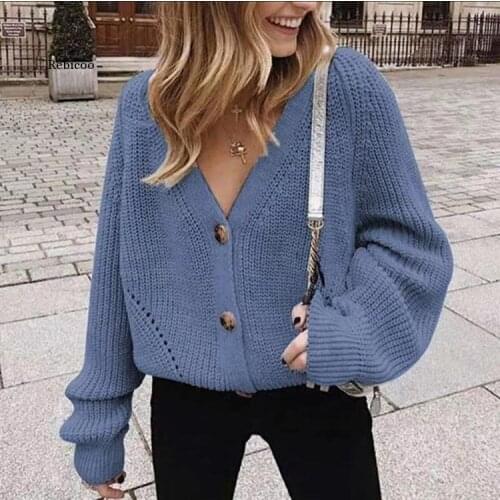 Antumn Cardigan Women Winter Long Lantern Sleeve Oversized Button Knitted Sweater Hollow Out V Neck Knitwear