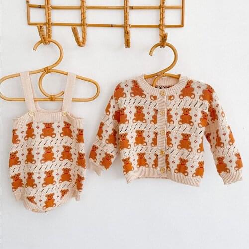 Autumn Winter Infant Baby Boys Girls Bear Knit Long Sleeve Cardigan Coat + Rompers Clothing Sets Kids Boy Girl Suit Clothes