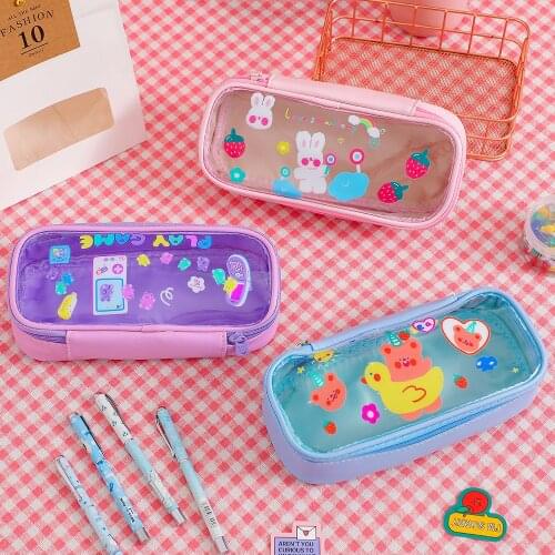 Bear Transparent Pencil Case Student PVC Stationery Storage Bag Girls Large Capacity Pen Box Organizer Women Cute Makeup Pouch