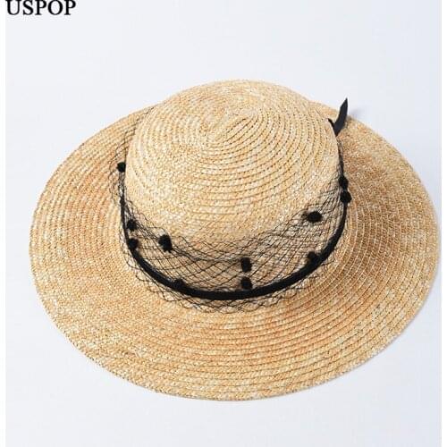 USPOP Women summer hat vintage mesh yarn natural straw hats wide brim sun hat flat top beach hat