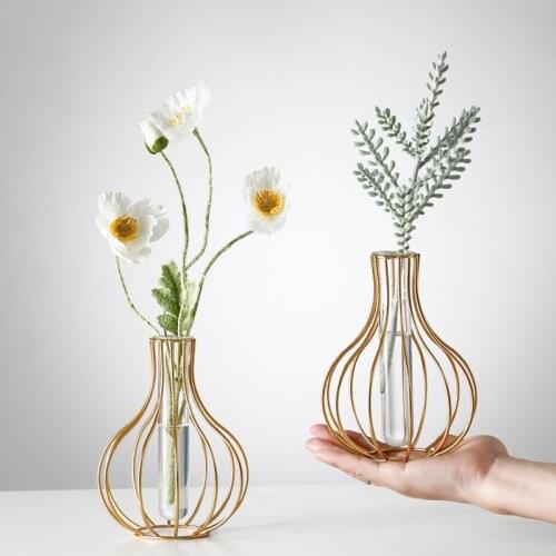 Modern Iron Golden Glass Vase Hydroponic Flower Plant Vase Home Decoration Living Room Desktop Ornament Office Decor
