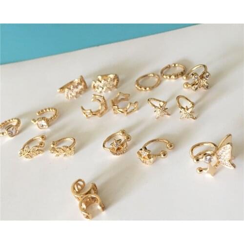 Super Delicate Gold Color Star Butterfly Ball Cross Leaf Stone Ball Moon Decorated Ear Cuff Clip Earrings No Piercing Cartilage
