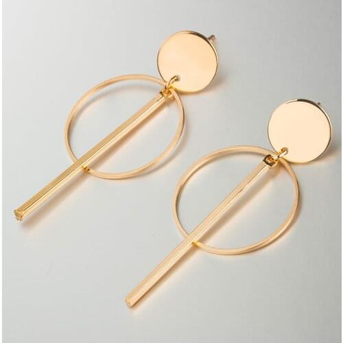 Trendy Hyperbole Shine Gold Hollow Big Round Loop Bar Strip Metal Pendant Charm Long Drop Dangle Women Earring Wedding Gift