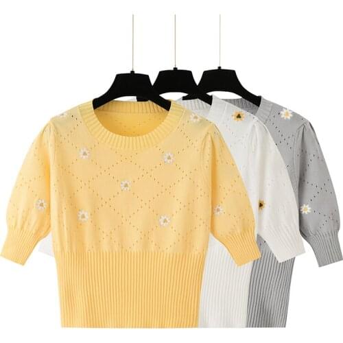 LJSXLS Embroidery Crop Top Knitted Sweater Women 2021 Summer Casual Hollow Out Sweaters Short Sleeve Pullovers Woman Clothes