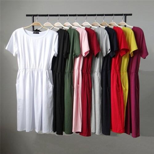 Vintage Solid Color Pocket Dresses Women Casual O Neck Pocket Loose Long Dress Female Plus Size Beach Vacation Party Maxi Dress