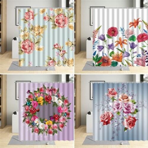 Plant Flowers Shower Curtain Color Rose Butterfly Bathroom Decor Watercolor Floral Curtains Household Waterproof Polyester Hooks