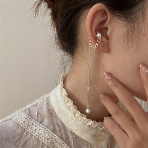 AOMU Sweet Vintage French Earless Hole Chain Pearl Fluid Ear Bone Clip Elegant Metal Long Clip Earrings for Women Non Pierce