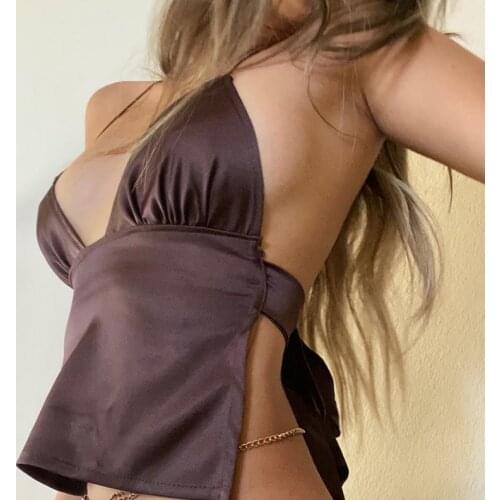 Womens Sexy Backless Crop Top Fashion Spaghetti Strap Sleeveless Deep V Neck Tie Back Camisole