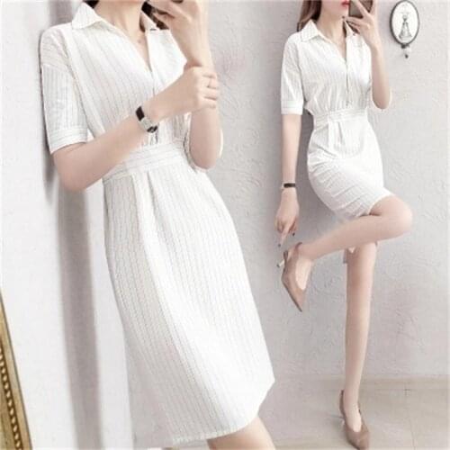 Dress womens summer ew fashion temperament ol professional striped shirt dress female Slim short sleeve hip dress women