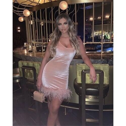 Celebrity Pink Sling Dress Fur Mini Bodycon Women Dresses Evening Party Dress