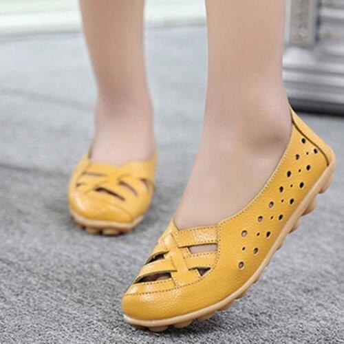 2021 Women Shoes Genuine Leather Solid Color Platform Shoes Women Round Hollow Out Head Driving Ballet Casual Footwear 44 Size