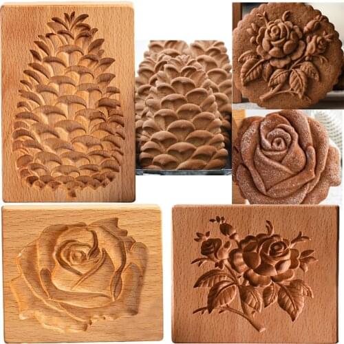 3D Wooden Baking Molds DIY Cookie Rose Flower Stamp Fondant Biscuit Tartlet Mold Cake Embossing Bread Baking Mould Gift Tools
