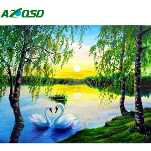 AZQSD Diamond Painting Scenery Cross Stitch Rhinestones Diamond Mosaic Swan Diamond Embroidery Full Set Wall Decor Handmade Gift