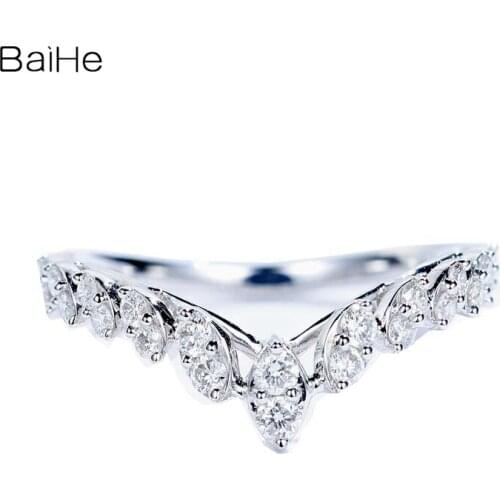 BAIHE Solid 14K white Gold 0.45ct H/SI Natural Diamonds Engagement Gift Women Fine Jewelry Beautiful Crown V-shaped Diamond Ring