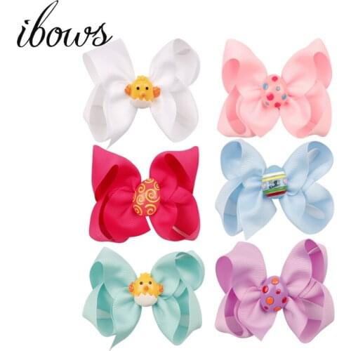 4.5" Easter Day Hair Bows Cute Resin Patch For Girls Solid Ribbon Easter Eggs Bowknot Hair Clip Kids Hairgrips Hair Accessories