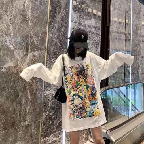 Pokemon Cartoon Print T Shirt Women Summer Graphic T Shirts Loose Long Sleeve Girl Fashion Hip Hop Tops Clothes Kawaii Clothing