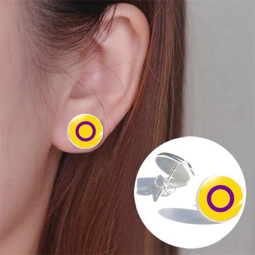 Gay Lesbian Marriage Stud Earrings Colorful Glass Cabochon Rainbow Pattern LGBT Pride Earrings